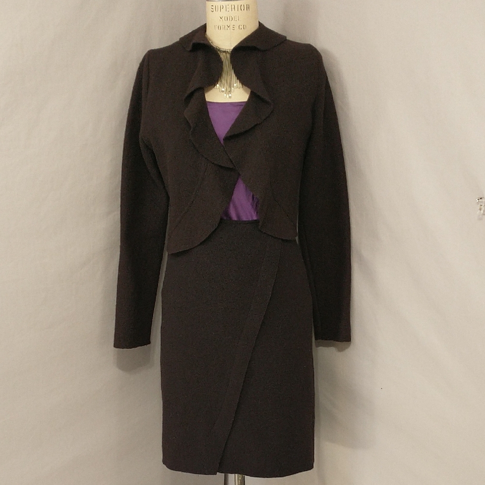 Vintage French Paris Fashion Wool Skirt Set Ruffle Sweater Jacket wStraight Midi